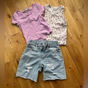 Art Class Old Navy Girls 7 Denim Cutoff Shorts Lavender Henley Floral Tank top
